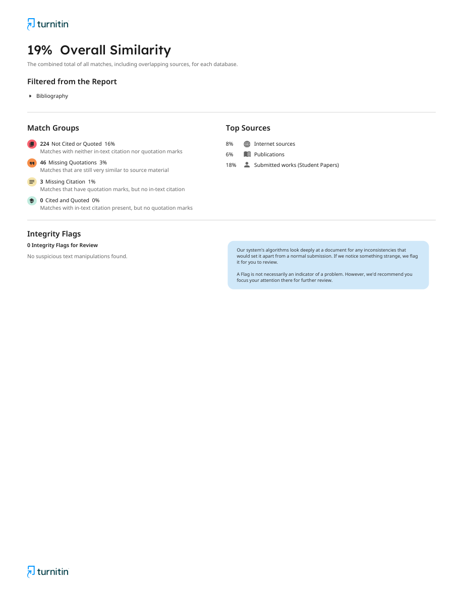 First page of a real Turnitin similarity report: 19% overall similarity, match groups and top sources